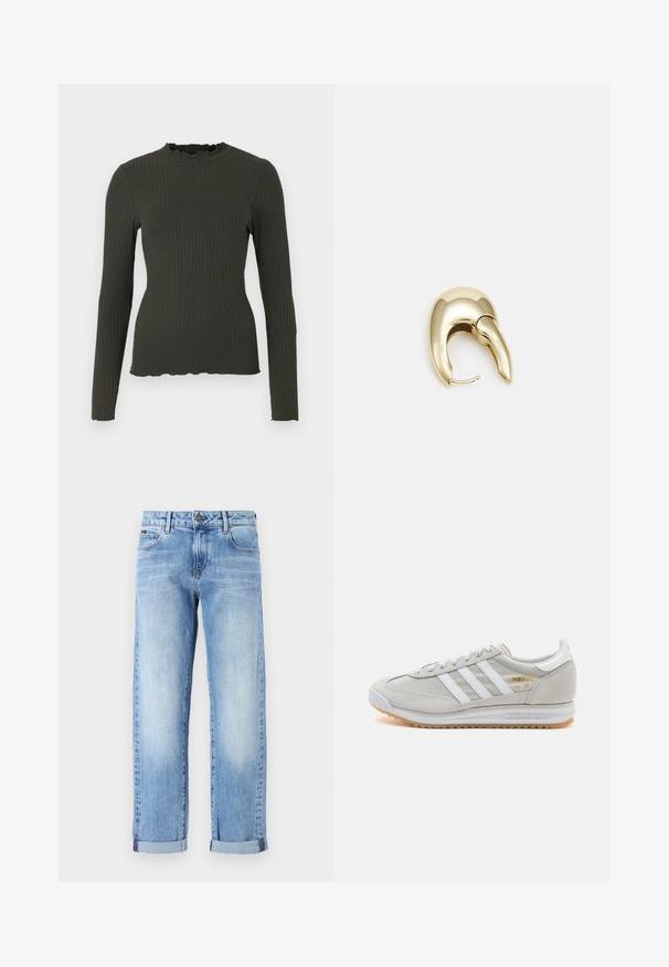 Geribbelde lange mouw top in donkergroen met een hoge halslijn en een gerimpelde afwerking. Zachte textuur met een getailleerde silhouet en een licht gegolfde zoom.; Lichtblauwe denim jeans met opgerolde mouwen, vooraan een knoop en rits, en een klassieke vijf-pocket ontwerp op een witte achtergrond.; Lichtgrijze sneaker van suede en mesh, met drie witte strepen, ronde neus en een gumrubberen zool. Gouden logo-accent bij de veters.; Gouden metalen oorbel met een slank, gebogen ontwerp. Beschikt over een kenmerkende puntige vorm, gepolijste oppervlakte en scharnier sluiting.