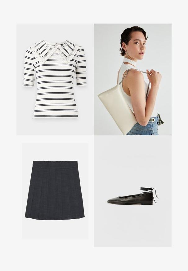 Svītrains īsām piedurknēm tops baltā un tumši zilā krāsā, ar mežģīņu apšuvumu un pārmērīgu apkakli, kā arī ribu faktūru. Rāvējslēdzējs aizmugurējā kakla daļā.; Tumši pelēks plisēts svārki ar elastīgu jostu, ar teksturētu audumu un klasisku A formas siluetu. Piemēroti ikdienas valkāšanai.; Melnas ādas baleta kurpes ar smailu purngalu, potītes saitēm un plakanu zoli, kas izceļas ar gludu tekstūru un minimālistisku dizainu.; Balts taisnstūra clutch soma, izgatavota no spīdīga materiāla, ar sudraba ķēdes siksnu. Modelis pozē, demonstrējot somu uz vienkārša fona.