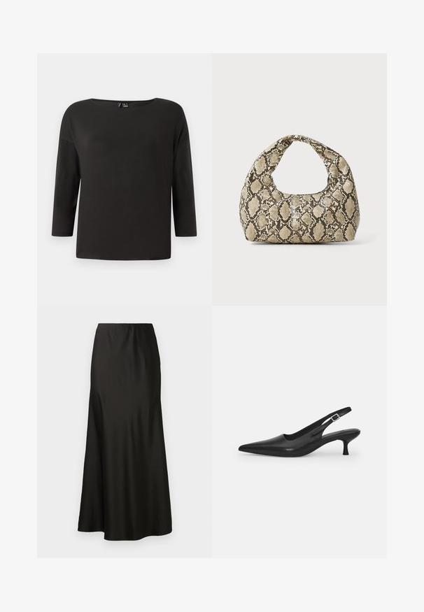 Czarna, długosleeve top z szerokim okrągłym dekoltem i luźnym krojem; wykonana z gładkiego, lekkiego materiału, charakteryzująca się minimalnymi detalami i brakiem widocznych szwów.; Czarna satynowa spódnica maxi o gładkiej fakturze, z wysokim stanem i rozszerzanym dołem. Charakteryzuje się prostym wzornictwem, bez widocznych wzorów czy elementów metalowych.; Czarne skórzane buty typu slingback z wydłużonym noskiem i smukłym, zakrzywionym obcasem. Posiadają dyskretny regulowany pasek z metalową klamrą.; Torebka w wężowy wzór z zakrzywionym uchwytem. Wykonana z teksturowanych, beżowych i brązowych materiałów, z charakterystycznym wzorem w diamenty.
