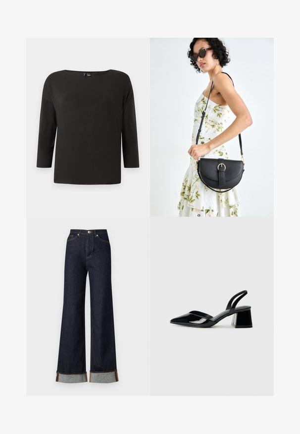 Black, long-sleeve top with a wide crew neck and loose fit; made from smooth, lightweight fabric, featuring minimal detailing and no visible seams.; Vero Moda VMTESSA WIDE FOLD UP - Wide Leg - dark blue denim; Black patent leather slingback heels with a pointed toe and a geometric block heel. Features a sleek, minimal design and smooth texture.; Black leather handbag with a curved shape, detachable strap, and gold hardware. The bag features a flap with a buckle detail.