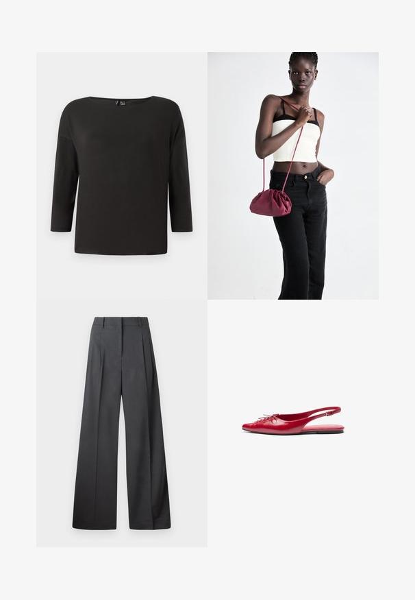 Top preto de mangas compridas com um decote amplo e ajuste solto; feito de um tecido leve e suave, apresentando detalhes mínimos e sem Costuras visíveis.; Calças de perna larga em tecido cinza escuro, apresentando uma cintura alta, pregas simples e uma textura suave com um acabamento limpo nas bainhas.; Sandal em pele vermelho com talão aberto, ponta afiada e um detalhe decorativo de laço na parte da frente, apresentando uma tirinha fina no tornozelo e sola plana.; Bolsa de tecido suave em borgonha com um design franzido e uma alça longa, usada à transversal. Modelo veste um top cropped branco e jeans pretos.