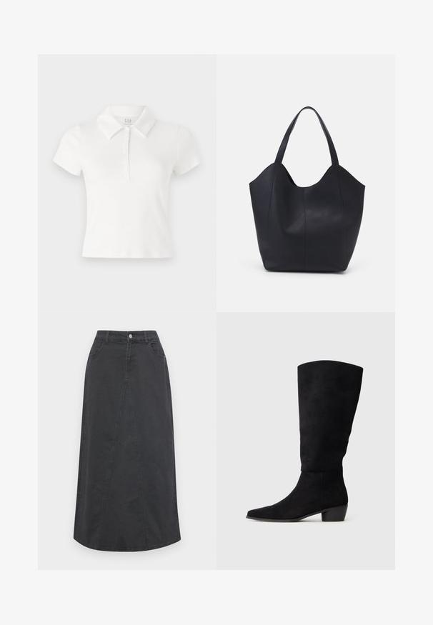 Polo shirt blanc en coton. Présente un col, des manches courtes et une patte de boutonnage sur le devant. Texture lisse.; Jupe en denim noire avec une coupe droite, comportant un détail sur le panneau avant, deux poches, des passants de ceinture et une fermeture à bouton à la taille.; Botte noire en daim hauteur genou avec un petit talon bloc et un bout pointu, présentée de profil sur un fond gris clair uni.; Sac fourre-tout noir en cuir lisse, doté d'un haut ouvert et courbé avec deux brides d'épaule et un design minimaliste.