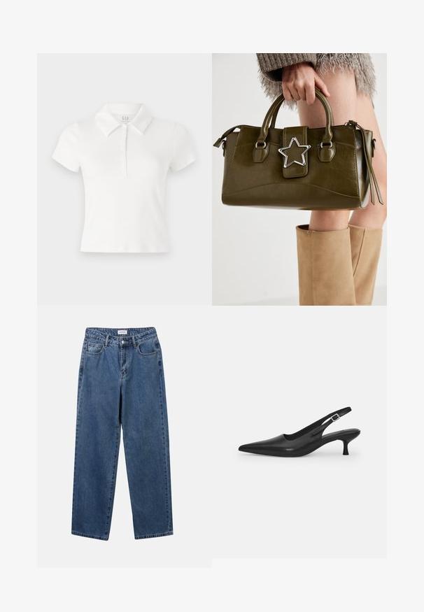 Polo bianca realizzata in cotone. Presenta un colletto, maniche corte e una chiusura a bottoni sul davanti. Tessuto liscio.; Jeans in denim blu classico con design a gamba dritta, cinque tasche e chiusura con bottone. Presentano un lavaggio medio e una trama robusta.; Scarpa slingback nera in pelle con punta affusolata e tacco sottile e curvato. Presenta una discreta fascia regolabile con una fibbia in metallo.; Borsa a mano in similpelle verde oliva con accentatura a stella argentata, manici doppi e chiusura con zip. Superficie testurizzata e forma strutturata.