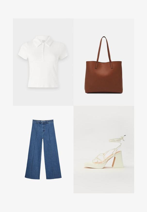 Valkoinen puuvillapaita. Ominaisuuksina kauluksellinen kaulus, lyhyet hihat ja nappilista edessä. Sileä rakenne.; Korkeat vyötäröiset, keskisiniset, leveiden lahkeiden denim-farkut, joissa on nappikiinnitys ja kontrastiväriset pystysaumadetaileja edessä.; Valkoinen korkokenkä, jossa on paksu korko, ja joka sisältää nauhakiinnityksen ja nilkkaketjun. Sujuva pinta, jossa on platform-etupohja lisäkorkeutta varten.; Ruskea nahkainen olkalaukku, jossa on sileä pinta, avoin yläosa ja kaksi olkahihnaa. Omaavat vain minimaalisen ompelun eikä näkyvää metalliosaa.