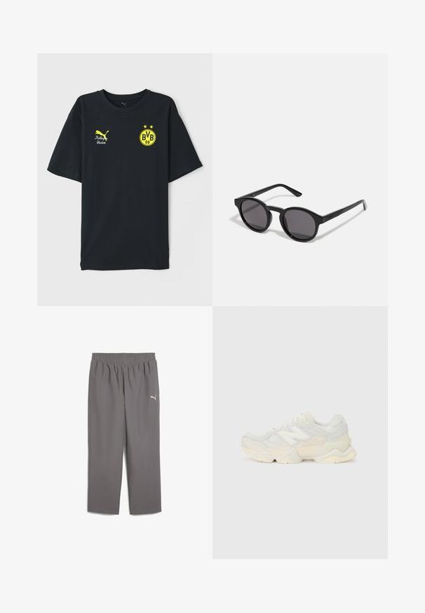 Must musta t-särkmustade kollaste graafikatega. Omab Puma logo, "KidSuper Studios" teksti ja "BVB 09" embleemi kaheteistkümne tähisega. Lühikesed varrukad.; Hallid hallid sportpüksid elastse vöökohtaga, valmistatud kergest kangast. Vasakul jalal on väike valge logo.; Kerge tenniseking, mille pealis on valmistatud võrgust ja seemisnahast pehmes kreemitoonis, koos paksu tallaga ja kolmemõõtmeliste aktsentidega.; Mustad mustad prillid ümmarguse, veidi lainelise raami, tumedate läätsede ja sirgete mustade kätega. Sile, läikiv viimistlus ilma nähtavate mustriteta.
