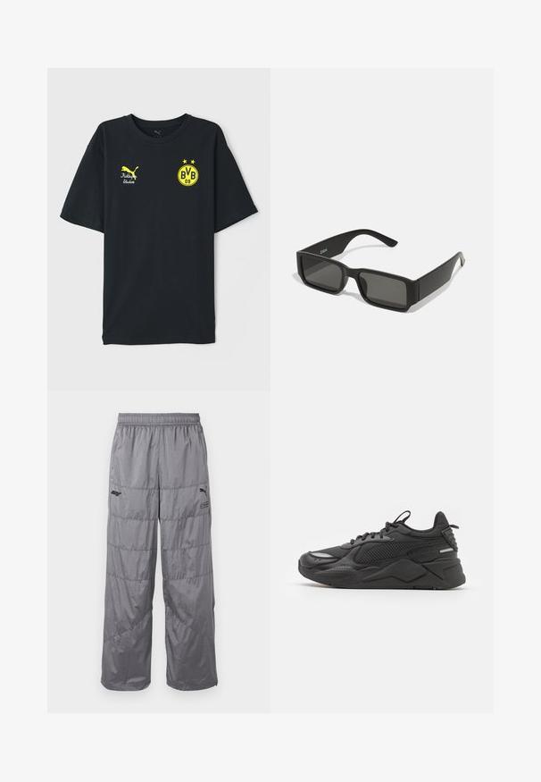 Svart bomulls T-skjorte med gule grafikker. Har Puma-logo, "KidSuper Studios" tekst, og et "BVB 09" emblem med to stjerner. Korte ermer.; Grå puffbukser med elastisk midje, med quiltede designlinjer og en liten svart logo på venstre lår. Lett materiale.; Svart sneakers med en teksturert overdel, som har mesh og syntetiske materialer, en tykk såle og reflekterende detaljer for synlighet.; Svarte solbriller med rektangulære linser, matte plastikkramme og rette kanter. Har merkevarelogo på innsiden av armen.