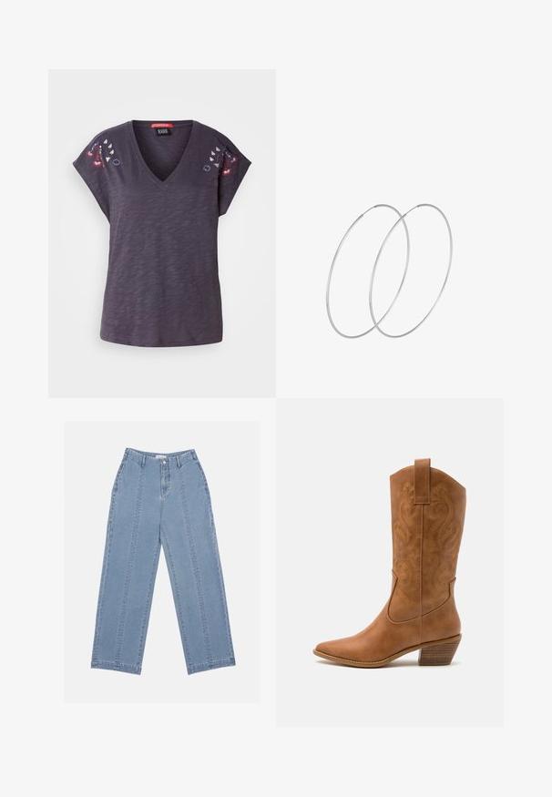 Dunkellila Kurzarm-T-Shirt mit V-Ausschnitt, verziert mit gestickten Blumenakzenten auf den Schultern und einer strukturierten Stoffoberfläche.; Hellblaue weite Jeans aus Denim. Mit hoher Taille, Knopfschluss und sichtbaren Nähten. Auf der Vorderseite sind keine Taschen sichtbar.; Braune Leder-Cowboy-Stiefel mit spitzem Zehenbereich, bestickten Wirbelmustern am Schaft und einem gestapelten Blockabsatz. Verfügt über einen Ziehriemen für das einfache Anziehen.; Silberne Creolen mit minimalistischem Design. Rundform, glatte Oberfläche und dünnes Profil. Leichtgewichtig mit hochglänzender Oberfläche.