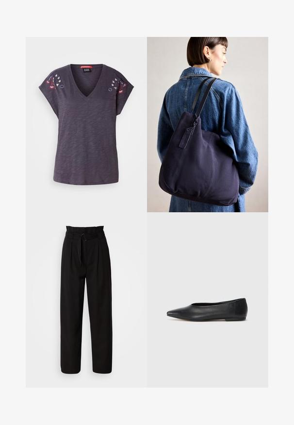 T-shirt curto de manga curta roxo escuro com decote em V, apresentando detalhes florais bordados nos ombros e um acabamento de tecido texturizado.; Calças pretas de cintura alta com perna larga, apresentando pregas frontais e um cinto de tecido com uma fivela circular. Textura suave e design ajustado.; Bailarina de couro preto, bico fino, design minimalista, textura suave, salto baixo, sem hardware ou embelezamentos visíveis.; Bolsa de ombro em lona azul-marinho com uma forma suave e estruturada, apresentando uma alça preta, detalhes de costura e uma pequena etiqueta da marca.