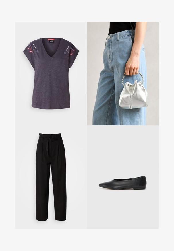 Mørk lilla T-shirt med korte ærmer og V-udskæring, der har broderede blomsterdetaljer på skuldrene og en tekstureret stoffinish.; Sorte højtaljede bukser med brede ben, der har frontfold og et stofbælte med en oval spænde. Glat tekstur og skræddersyet design.; Sort læder balletflade, spidse tæer, minimalistsk design, glat tekstur, lav hæl, ingen synlig hardware eller udsmykninger.; Metallic sølv bucket bag med en tekstureret overflade, prydet med et sølv rundt håndtag og snørelukning, holdt mod lyseblå jeans.