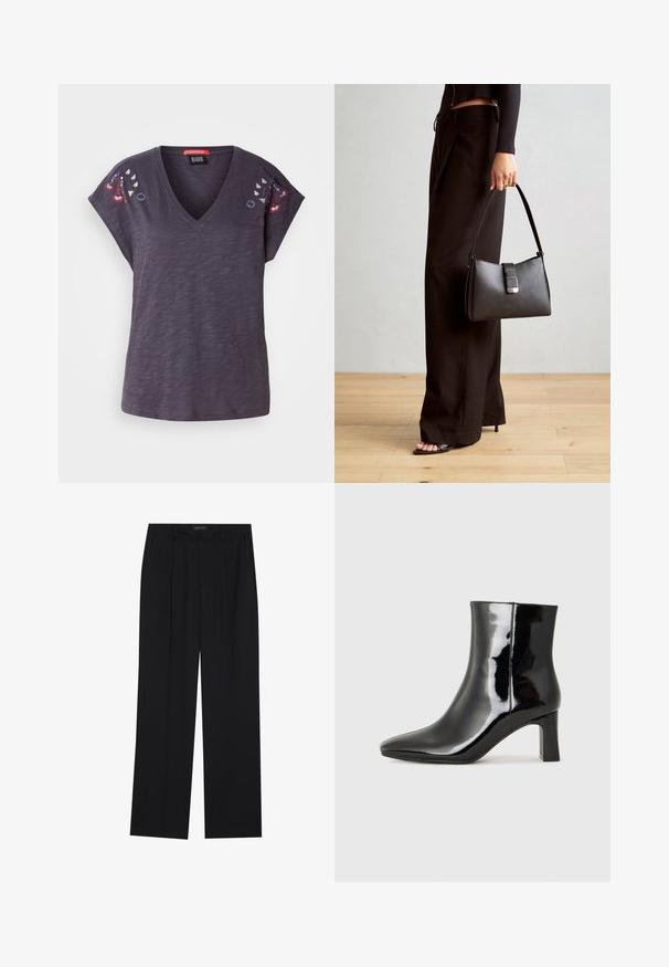 Tume lilla lühikeste varrukatega T-särk V-kaelusega, millel on õlgadel tikitud lillemotiivid ja tekstuuriga kangas.; Mustad püksid sirgjoonelise disainiga, millel on kaks esist taskut ja muudatus. Valmistatud siledast, kergekaalulisest kangast.; Must-sinine nahkjalats musta läikiva viimistlusega, millel on terav nina ja keskmise kõrgusega plokk konts. Sile tekstuur ja minimalistik disain.; Must musta kott, millel on struktureeritud kuju, sile tekstuur ja metallist klamber. Kombineeritud laiate mustade pükstega ja avatud varvaste sandaalidega puidust põrandal.
