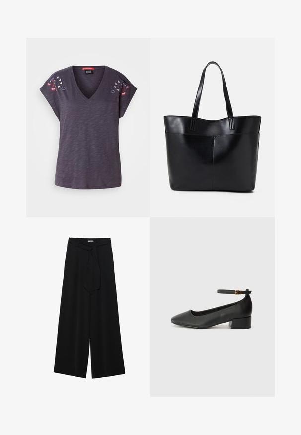 Tamno ljubičasta kratkotrajna majica s V-izrezom, koja ima vezene cvjetne naglaske na ramenima i teksturiranu završnu obradu.; Crne široke hlače od teksturirane tkanine, s elastičnom pojasom i odvojivim remenom na struku za prilagodivo pristajanje.; Crne kožne pumpe s oštrim vrhom i niskom blok petom. Sadrže remen oko gležnja s zlatnim kopčanjem. Glatka tekstura.; Crna kožna torba s dugim ručkama, glatkom teksturom i strukturiranim oblikom. Ima prednju džep za dodatno pohranu.