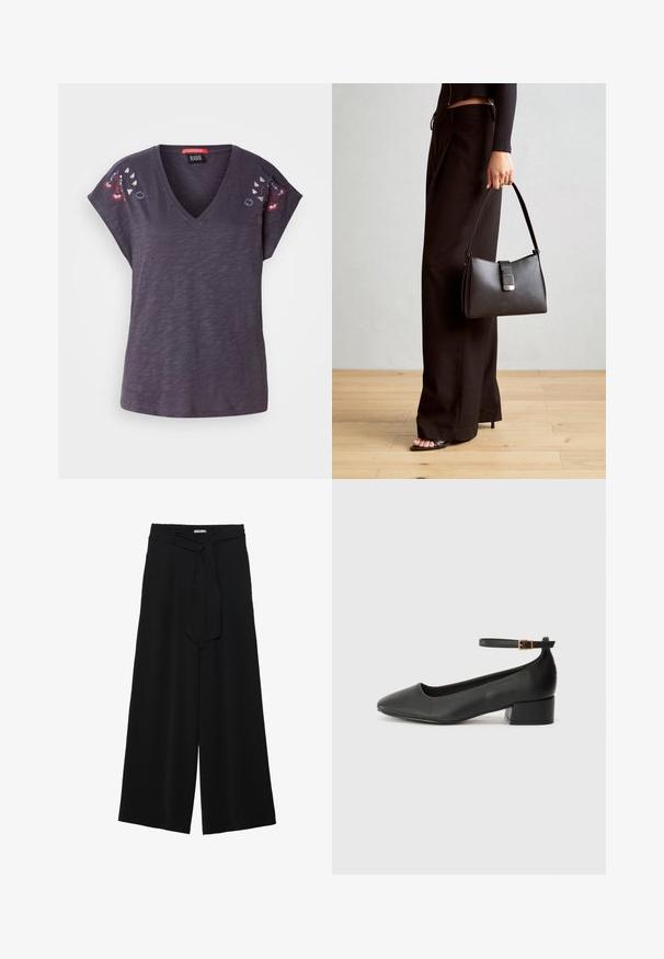Camiseta de manga corta en color púrpura oscuro con escote en V, que cuenta con acentos florales bordados en los hombros y un acabado de tela texturizada.; Pantalones de pierna ancha negros con un tejido texturizado, una cinturilla elástica y un lazo desmontable en la cintura para un ajuste ajustable.; Zapato de tacón negro de cuero con punta afilada y tacón bajo cuadrado. Presenta una correa para el tobillo con una hebilla en tono dorado. Textura suave.; Bolso negro con forma estructurada, textura suave y un cierre metálico. Combinado con pantalones anchos negros y sandalias de dedo en un suelo de madera.