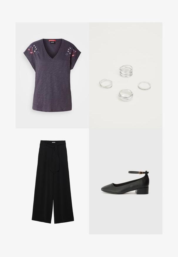 Tmavě fialové tričko s krátkým rukávem a V-výstřihem, zdobené vyšívanými květinovými akcenty na ramenou a s texturovaným povrchem.; Černé kalhoty s širokými nohavicemi, vyrobené z texturované tkaniny, s elastickým pasem a odnímatelným páskem na úpravu velikosti.; Černé kožené lodičky s špičatou špičkou a nízkým blokovým podpatkem. Obsahují pásek kolem kotníku se zlatou sponou. Hladký povrch.; Čtyři stříbrné prsteny s různými vzory: zkroucený prsten, vrstvené křivky, jemné krystaly a hladký prsten s malými akcenty.