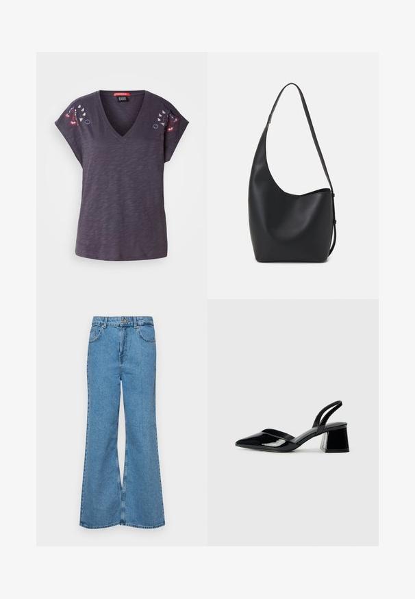 T-shirt curto de manga curta roxo escuro com decote em V, apresentando detalhes florais bordados nos ombros e um acabamento de tecido texturizado.; Jeans de brim azuis claros, com corte à boca de sino, apresentando uma cintura alta, cinco bolsos e um fecho de botão único. Textura macia com acabamento desbotado.; Sandy em verniz preto com salto slingback, ponta afilada e salto geométrico. Apresenta um design elegante e minimalista com textura suave.; Saco hobo preto em pele com uma textura lisa, forma curva e uma única alça ajustável; apresenta uma abertura larga na parte de cima.