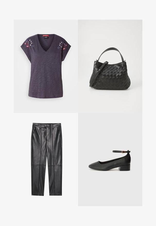 Temno vijolična kratkosleeve majica z V-izrezom, ki ima vezeno cvetlične detajle na ramilih in teksturo tkanine.; Črne usnjene hlače z gladko teksturo, z ravnim krojem, dvema sprednjima žeparjema in vidnimi šivi.; Črne usnjene pumpice z nazobčanimi prsti in nizko blokasto peto. Imajo trak okoli gležnja z zaponko v zlatem tonu. Gladka tekstura.; Črna pletena usnjena torbica za roke zaobljene oblike, opremljena z zgornjim ročajem in snemljivim paskom. Gladka tekstura in subtilni detajli šivanja.