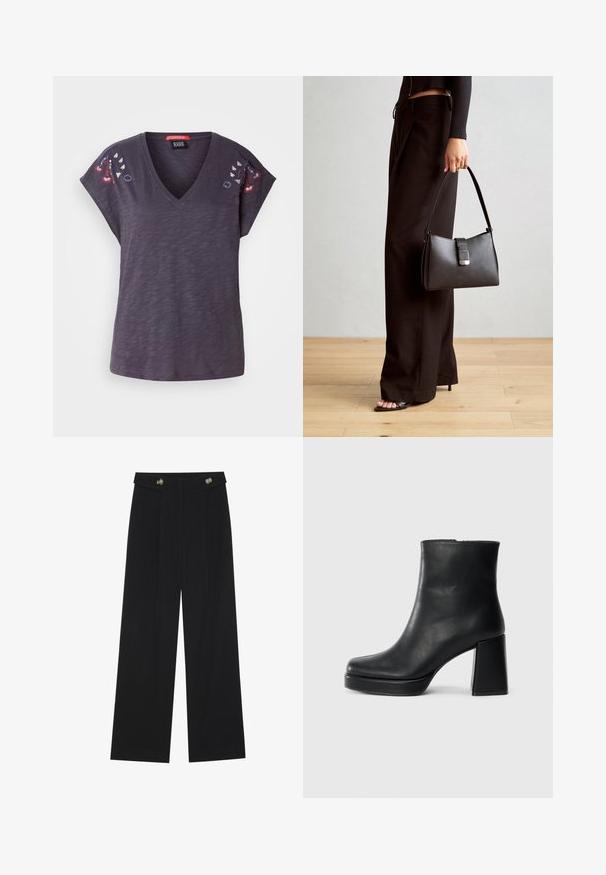 Mørk lilla T-shirt med korte ærmer og V-udskæring, der har broderede blomsterdetaljer på skuldrene og en tekstureret stoffinish.; Sorte vide bukser med høj talje, knapdetaljer på taljebåndet og frontfald.; Sort læder ankelstøvle med blokhæl og platformssål, set fra siden på en ensfarvet hvid baggrund.; Sort håndtaske med struktureret form, glat overflade og metalspænde. Sammen med brede sorte bukser og sandaler med åben tå på trægulv.