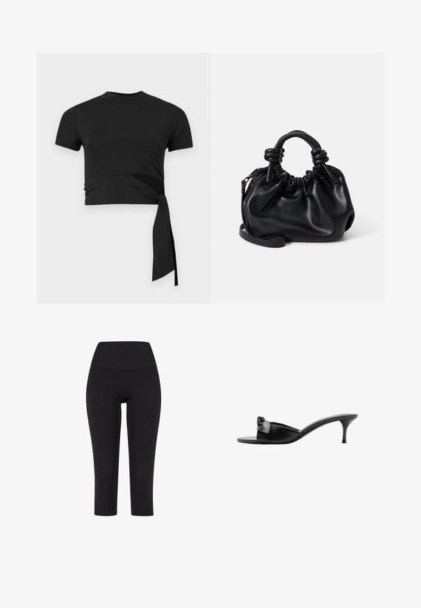 Črna skrajšana majica iz gladkega, elastičnega materiala, z kratkimi rokavi, zaobljenim izrezom in detajlom na strani z vozlom.; Črne legice do tri četrtine, izdelane iz elastičnega materiala, z visokim pasom in brez vidnih vzorcev ali dodatkov.; Črne usnjene zavezane mule z naglavnim okrasom, odprtimi prsti in ožjim visokim podplatom. Gladka tekstura in minimalističen dizajn.; Črna usnjena torbica z nabranim dizajnom, kratkimi okroglimi ročaji in snemnim ramenskim trakom. Gladka tekstura z mehkimi oblikami.