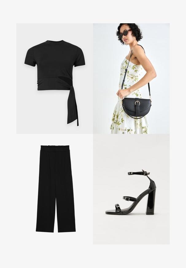 Černé zkrácené tričko vyrobené z hladké, elastické látky, s krátkými rukávy, kulatým výstřihem a detailem vázání na boku.; Černé široké nohavice s volánkovým pasem, které mají dvě boční kapsy a hladkou, lehkou tkaninu. Žádné viditelné vzory ani kovové prvky.; Černé lakované sandály na podpatku se čtveratou špičkou, lýtkovými pásky a stříbrnými přezkami. Disponují masivním blokovým podpatkem pro stabilitu.; Černá kožená kabelka s křivkovým tvarem, odnímatelným popruhem a zlatými detaily. Kabelka má klopu s přezkou.