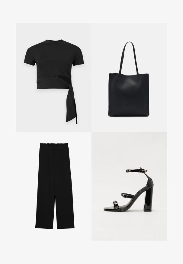 T-shirt nera cropped realizzata in un tessuto liscio e elasticizzato, con maniche corte, scollo rotondo e dettaglio di nodo laterale.; Pantaloni neri a gamba larga con cintura arricciata, dotati di due tasche laterali e un tessuto liscio e leggero. Nessun motivo visibile o parti metalliche.; Sandali con tacco in vernice nera, con punta squadrata, cinturini alla caviglia e fibbie in argento. Presentano un tacco a blocco spesso per maggiore stabilità.; Borsa tote in pelle nera con texture liscia, forma rettangolare e due manici lunghi. Nessun hardware o decorazione visibile.