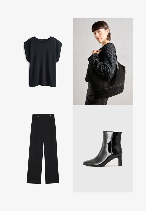 Zwarte shirt met korte mouwen, gemaakt van zachte stof met een losse pasvorm, ronde halslijn en een ontwerp met verlaagde schouder. Geen zichtbare patronen of accenten.; Zwarte wijde broek met hoge taille, knoopdetails op de tailleband en plooien aan de voorkant.; Zwarte gepolijste leren enkellaars met een spitse neus en een blokhak van gemiddelde hoogte. Glad textuur en minimalistisch ontwerp.; Zwarte suede schoudertas met een gladde textuur, gestructureerde vorm en contrasterende stiksels. Voorzien van lange hengsels voor schouderdraag.
