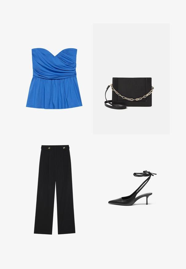 Blue strapless peplum top made of smooth fabric, featuring a sweetheart neckline and gathered detailing at the bust and waist.; Black wide-leg trousers with high waist, button details on waistband, and front pleats.; Black leather stiletto shoe with a pointed toe, open back, and ankle straps tied in a bow. Slim 3-inch heel. Smooth texture, minimalist design.; Black leather crossbody bag featuring a smooth texture, rectangular shape, and a metallic chain detail on the front. Adjustable strap included.