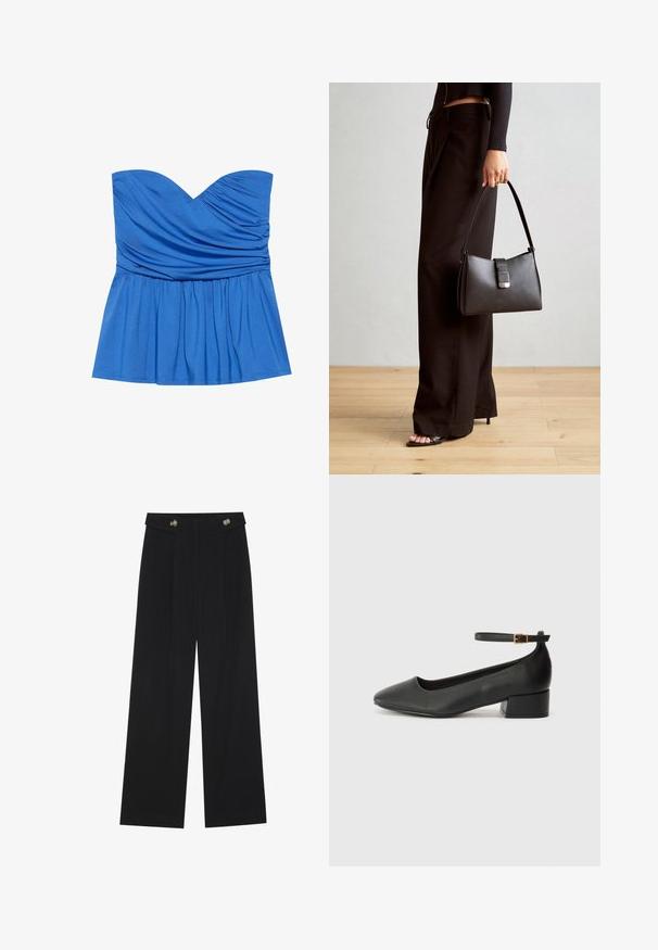Blå axelbandslös peplumtop i slätt tyg, med en sweetheart-urringning och rynkade detaljer vid bysten och midjan.; Svarta vida byxor med hög midja, knäppdetaljer i midjan och framfickor.; Svart läderpump med spetsig tå och en låg klack. Har en ankelsnodd med en guldtonad spänne. Slät textur.; Svart handväska med strukturerad form, slät yta och metallspänne. Matchad med vida svarta byxor och sandaler med öppen tå på trägolv.