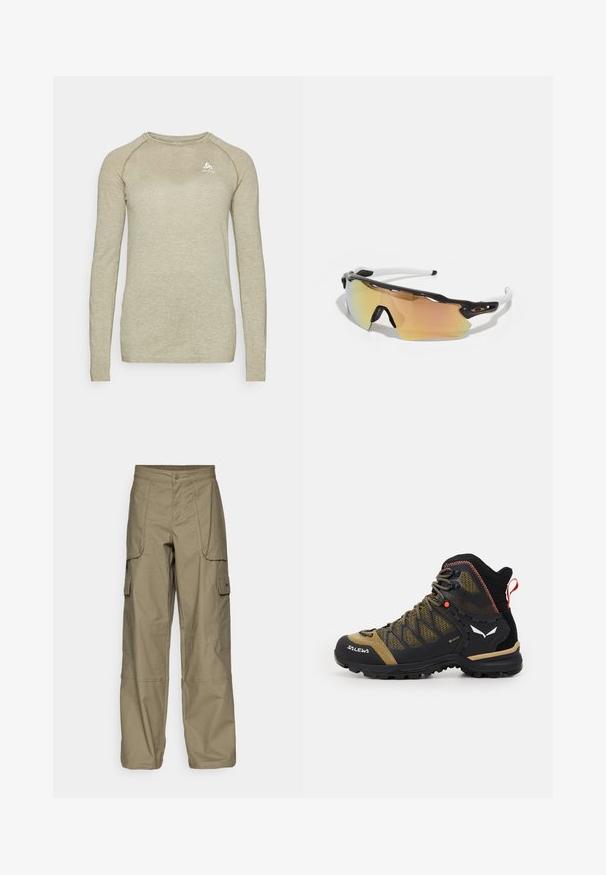 Ilgų rankovių marškinėliai šviesiai béžinės spalvos, su koralų tekstūra, apvalia iškirpte ir subtiliu logotipu ant krūtinės. Pagaminti iš kvėpuojančios medžiagos.; Alyvuogių žalios spalvos cargo kelnės, pasižyminčios laisvu siluetu, keliais šoninėmis kišenėmis ir sagčių uždarymu juosmens srityje. Lygi tekstūra.; Vidutinio aukščio žygio batai juodos ir alyvuogių spalvos, su tinklo viršumi, guminėmis padais ir tekstūruotomis detalėmis bei galine traukimo juostele.; Akiniai nuo saulės su juodai balta rėmu, dideliais veidrodiniais objektyvais auksinėmis ir rožinėmis atspalviais, aerodinaminis dizainas ir išplėstas išorinis rėmelis.