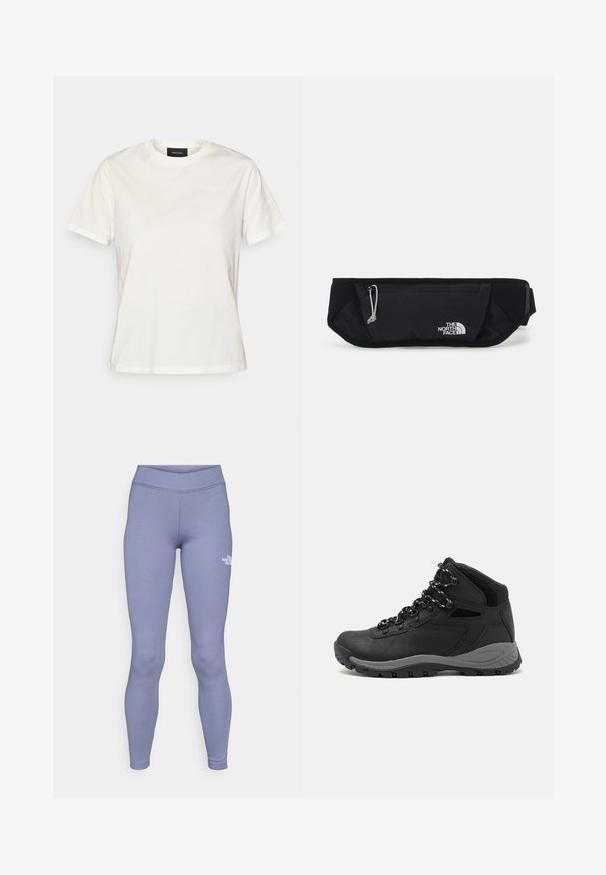 Bela bombažna majica s kratkimi rokavi, okroglim izrezom in subtilnim logotipom spredaj. Mehka tekstura, sproščen kroj.; Modre športne legice iz mehke, raztegljive tkanine. Imajo visok pas in majhen bel logo na levem stegnu.; Črne pohodniške čevlje z srednje visokim dizajnom, ki imajo teksturirano zgornji del, sivi dodatki in vzdržljiv gumen podplat s protizdrsnimi izboklinami.; The North Face SUNRISER RUN BELT UNISEX - Torbica za okoli pasu - black/white