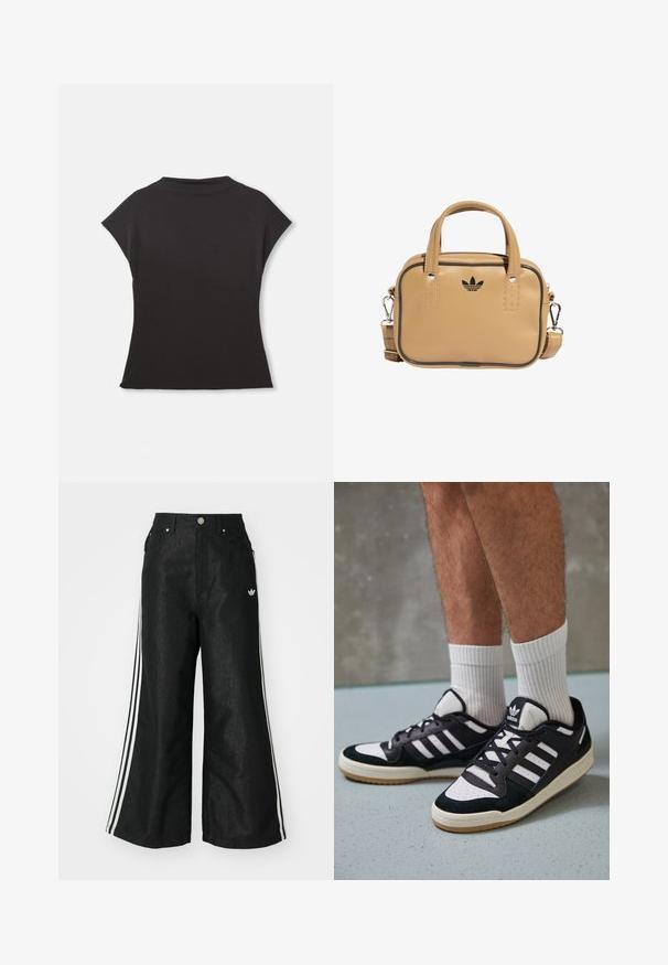 Svart kortermet topp med høy hals og avslappet passform. Laget av mykt stoff med en jevn tekstur. Ingen synlige mønstre eller grafikk.; Sorte vide benbukser med tre hvite striper på hver side og en liten hvit logo. Har frontlommer og knappelukking.; Sorte og hvite sneakers med overdel i semsket skinn og lær, med tre hvite striper, perforert tå og en såle av gummi.; Tan vegan lærveske med to håndtak, avtagbar skulderrem, svart kontrastsøm, og en liten svart logo på fronten.