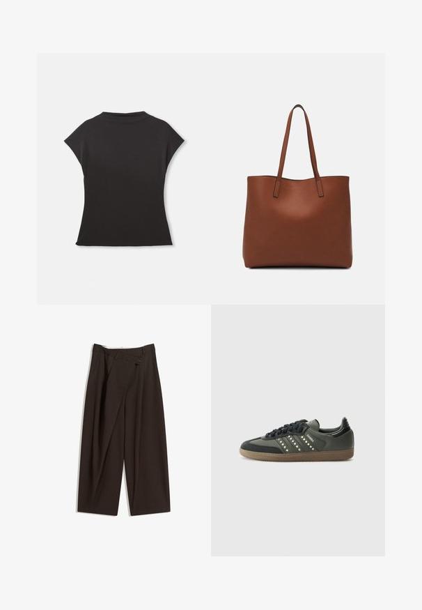 Czarny t-shirt z krótkim rękawem, z wysokim dekoltem i luźnym krojem. Wykonany z miękkiego materiału o gładkiej fakturze. Brak widocznych wzorów czy grafik.; Ciemnobrązowe szerokie spodnie o wysokim stanie, z pojedynczym zapięciem na guzik i plisowanym przodem. Wykonane z lekkiego materiału.; adidas Originals SAMBA OG czarny; Brązowa skórzana torba tote o gładkiej fakturze, z otwartym wierzchem i dwoma ramiączkami. Charakteryzuje się minimalnym przeszyciem i brakiem widocznych elementów metalowych.