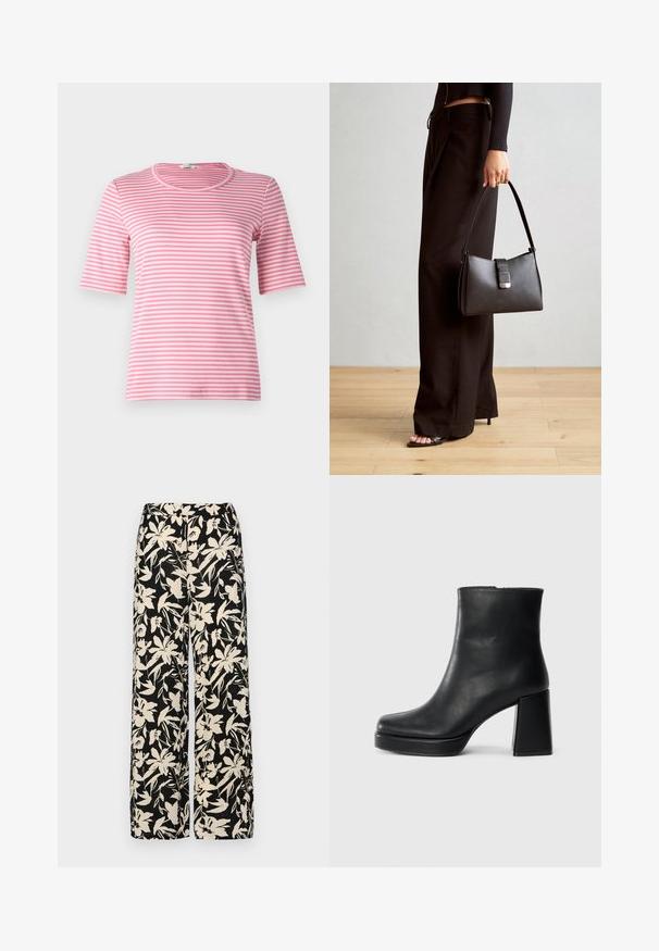 Rozā un baltas svītras īsām piedurknēm kreklam ar apaļu kakla izgriezumu, izgatavots no mīksta auduma, ar pieguļošu dizainu un gludu tekstūru.; Melni platie bikses ar krēmkrāsas ziedu rakstu. Izgatavotas no viegla auduma, kuram ir gluda tekstūra un augsta jostasvietas daļa.; Melna ādas potīšu zābaku ar bloku papēdi un platformas zoli, skatīts no sāna uz vienkārša balta fona.; Melnā somiņa ar strukturētu formu, gludu tekstūru un metālu sprādzi. Saskaņota ar platām melnām biksēm un sandālēm ar atvērtu purngalu uz koka grīdas.