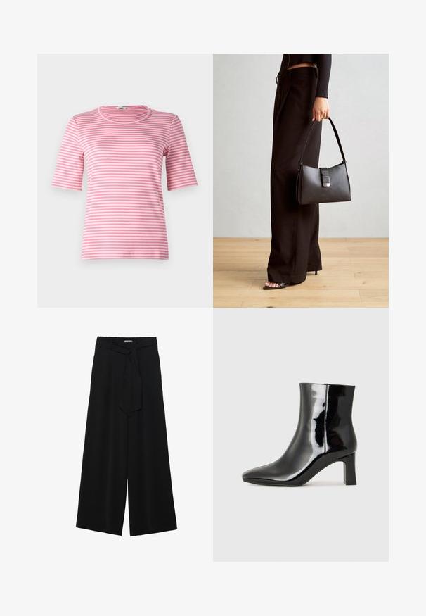 Růžovo-bílý pruhovaný krátký rukáv s kulatým výstřihem, vyrobený z jemného materiálu, s obepínajícím střihem a hladkou texturou.; Černé kalhoty s širokými nohavicemi, vyrobené z texturované tkaniny, s elastickým pasem a odnímatelným páskem na úpravu velikosti.; Černé lakované kotníkové boty s špičatou špičkou a středně vysokým blokovým podpatkem. Hladká textura a minimalistický design.; Černá kabelka se strukturovaným tvarem, hladkým povrchem a kovovým uzávěrem. Kombinována s širokými černými kalhotami a sandály s otevřenou špičkou na dřevěné podlaze.