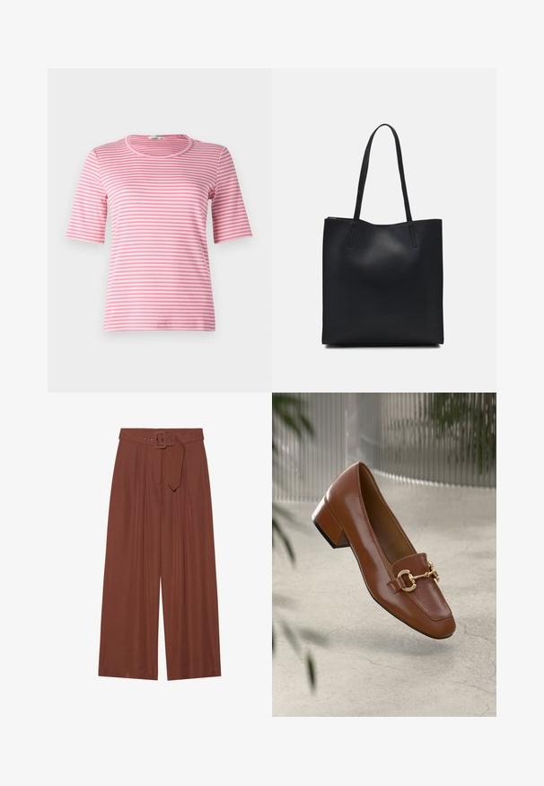 Rožinė ir balta dryžuota trumpomis rankovėmis marškinėliai su apvaliu iškirpimu, pagaminti iš minkštos medžiagos, turintys prigludusį dizainą ir lygią tekstūrą.; Plačios kelnių kelnės rudos spalvos audinyje, su diržu su kvadratiniu sagtimi, klostuotų dizainu ir lygiu paviršiumi.; Rudi lakinės odos loafer'iai su kvadrato formos nosimi, metalinėmis grandinėlių detalėmis ir žemu blokiniu kulnu; sklandus tekstūra, minimalistinis dizainas.; Juodas odinis tote krepšys su lygia tekstūra, stačiakampio formos ir dviem ilgais rankenomis. Matomų metalinių detalių ar puošybos nėra.