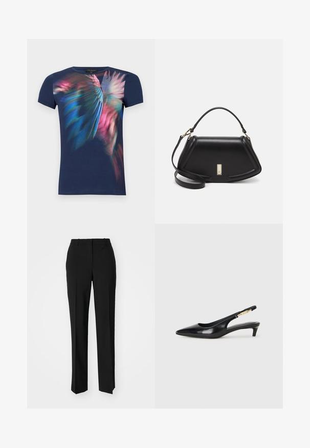 Lyhythihainen tummansininen T-paita, joka on valmistettu puuvillasta, ja jossa on edessä värikäs abstrakti linnun siipi -grafiikka vaaleanpunaisen, sinisen ja vihreän sävyissä.; Mustat räätälöidyt housut suoraa lahjetta, joissa on sileä pinta ja terävät taitteet edessä. Ei näkyvää metalliosaa.; Mustat nahkaiset slingback-korkokengät, joissa on terävä kärki, ohuet korot ja kultasävytteinen yksityiskohta säädettävässä hihnassa. Silkkinen pinta.; Mustalla nahkalaukulla, jossa on jämäkkä muotoilu, lyhyt malli, yläkahva ja kultaiset yksityiskohdat. Säädettävä olkahihna sisältyy.
