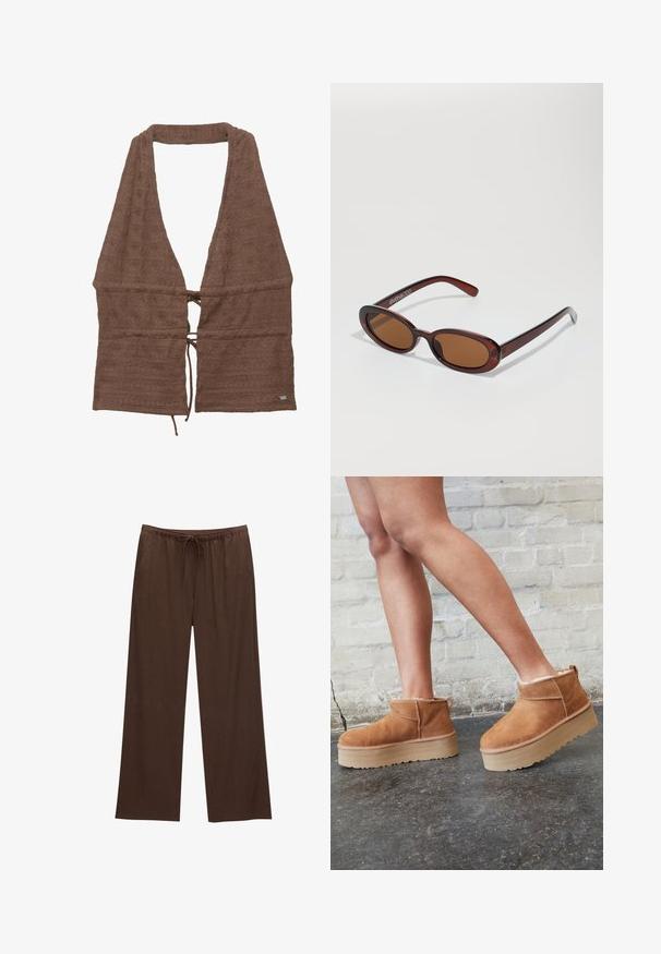 Brun terry-stof wrap med dyb V-hals, justerbar bånddetalje i taljen, tekstureret overflade med et subtilt mønster, åbent frontdesign.; Brune brede bukser lavet af blød stof, med elastisk talje og snøre samt to sidelommer.; Brune ruskinds ankelsko med en blød foring, tyk beige plattformsål og en bageste løkke. Tekstureret overflade med synlige sømdetaljer.; Runde, bruntonede solbriller med en glansfuld bordeauxramme. Slanke arme med diskret brandingdetalje. Flad linsedesign.; Vævet stråtaske med sorte stofhåndtag, der har en åben top og et struktureret, vinklet design. Strukturerede naturlige fibre.