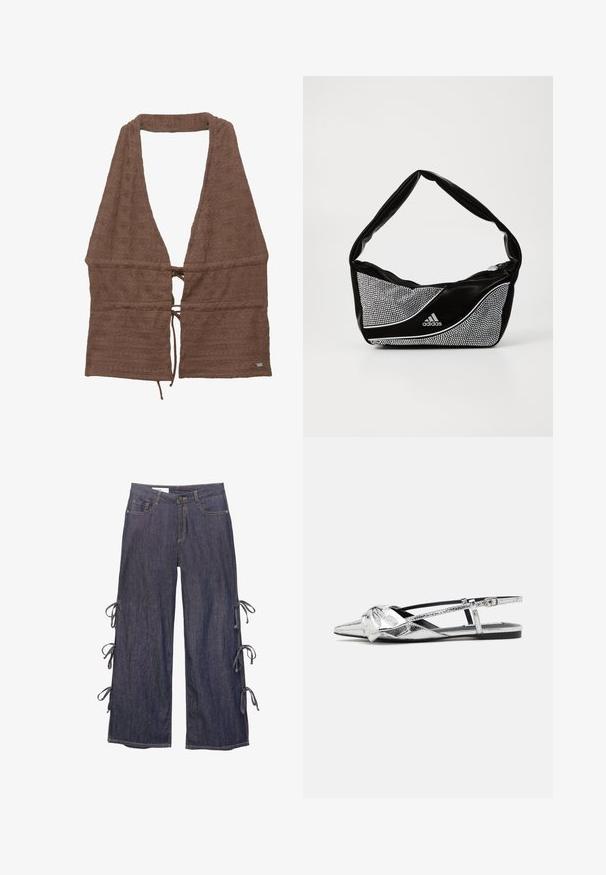 Braunes Frottee-Stoff-Wickelkleid mit tiefem V-Ausschnitt, verstellbarem Bindeband in der Taille, strukturierter Oberfläche mit subtilen Mustern, offenes Vorderdesign.; Dunkelblaue Denim-Hosen mit weitem Bein, seitlichen Bändern und einem Knopfverschluss. Verfügt über Fronttaschen und eine lässige Silhouette.; Silberne metallische Slingback-Ballerinas mit spitzer Zehe, die ein Knotendetail an der Vorderseite und einen verstellbaren Riemen für einen sicheren Sitz aufweisen.; Schwarze und silberne adidas-Handtasche mit einer glatten Textur, die ein glänzendes, genietetes Muster und ein markantes, geschwungenes Design aufweist.