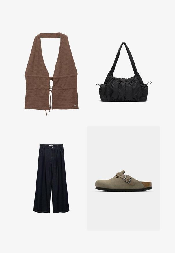 Brown terry fabric wrap with a deep V-neck, adjustable tie detail at the waist, textured surface with a subtle pattern, open front design.; Dark denim wide-leg trousers with a high waist, featuring a front button closure, two side pockets, and stitching details.; Suede clogs in light olive green with a molded cork and rubber sole. Features a side strap with a metal buckle and a rounded toe.; Black fabric handbag with gathered texture, two shoulder straps, and drawstring closure on sides. Smooth, lightweight material.