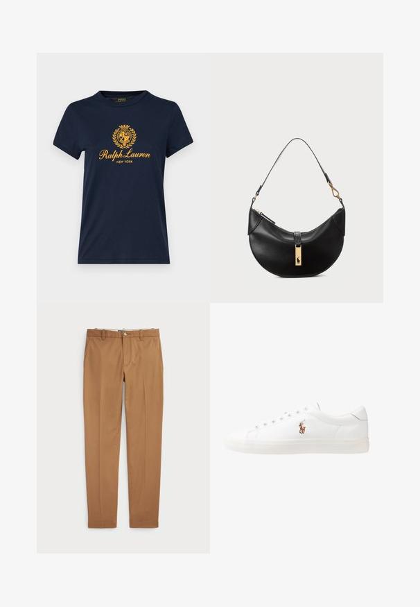 Polo Ralph Lauren HOTEL SHORT SLEEVE - Apdrukāts T-krekls - cruise navy/gold; Brūni kokvilnas bikses ar šauru piegriezumu, plakanu priekšpusi un standarta kabatām; gluda tekstūra un apšūti manšetes.; Baltas ādas sporta apavi, zema dizaina, ar gludu tekstūru, noapaļotu purngalu, ar auklēm priekšpusē un nelielu izšūtu logotipu sānos.; Melnas ādas rokas soma pusmēness formas. Iezīmē zelta metāla akcentus un šauru siksniņu. Gluda tekstūra, rāvējslēdzēja aizdare augšpusē.