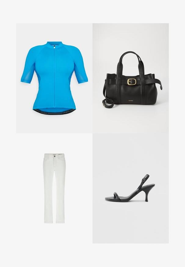 Šortos piedurknēm velo krekls spilgti zilā krāsā, aprīkots ar rāvējslēdzēja priekšpusi, sieta sānu paneļiem un kontrastējošu melnu zīmola jostu.; Balti džinsi ar slim fit piegriezumu, 5 kabatu dizainu un kontrastējošu šuvju. Iespēju klāstā ir pogu aizdare un smalka zīmola etiķete uz jostas.; Melnas ādas augstpapēžu sandales ar plānu, izliekta formas papēdi un krustenisku siksnu dizainu. Regulējama potītes siksna. Gluda tekstūra.; Melnas ādas rokassoma ar strukturētu dizainu, divām augšējām rokturām, zelta toņa sprādzes akcentu un iegravētu zīmola logo priekšpusē.