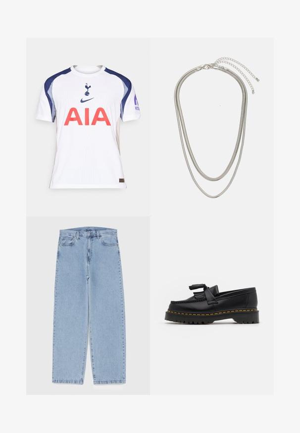 Balts futbola krekls ar tumši zilām akcentiem, kurā lieli sarkani burti uzdrukāti "AIA", krūšu daļā ir kluba logo un Nike zīmols.; Gai zila džinsu bikses ar taisnu kāju dizainu, kas piedāvā vidēju vidukļa augstumu, piecas kabatas un pogas un rāvējslēdzēja aizdari.; Melnas ādas mokasīni ar pērlītēm uzsvaru, ar masīvu melnu zoli un dzeltenu šuvumu gar malu. Ar teksturētu apdari.; Trīslīmeņu sudraba metāla kaklarota ar gludām, elastīgām ķēdēm, kas spīd, droši piestiprināta ar omā uzgali un regulējamu ķēdi.
