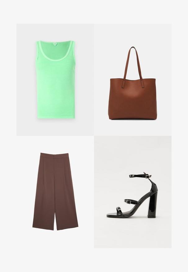 Grön ribbad linne med rundad halsringning och utan ärmar, tillverkat av ett mjukt tyg med en slät yta.; Bruna vida byxor med en slät textur, som har hög midja och framfickor. Tyget är lätt och flödar löst.; Svarta lackerade klacksandaler med fyrkantig tå, ankelremmar och silverfärgade spännen. Har en kraftig blockklack för stabilitet.; Brun läder tote-väska med en slät textur, öppen toppdesign och två axelremmar. Har minimal söm och ingen synlig metalldetalj.