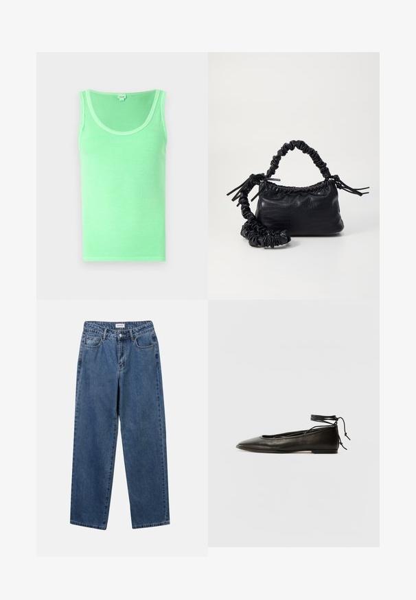 Green ribbed tank top featuring a rounded neckline and no sleeves, made from soft fabric with a smooth texture.; Classic blue denim jeans with a straight-leg design, five pockets, and a button closure. Features a medium wash and sturdy texture.; Black leather ballet flats with a pointed toe, ankle tie, and flat sole, featuring a smooth texture and minimalistic design.; Black faux leather handbag with a crocodile texture, cinched top, and a scrunched strap. Appears soft and compact in design.