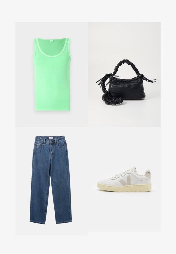 Zeleni rebrasti top bez rukava s okruglim izrezom, izrađen od mekanog materijala s glatkom teksturom.; Klasične plave traperice s ravnim nogavicama, pet džepova i dugmadom za zatvaranje. Imaju srednje pranje i čvrstu teksturu.; Bijele kožne tenisice s bež nubuk naglascima, perforiranim prednjim dijelom, ravnim čipkama i teksturiranom kremastom potplatom. Sadrži suptilni brend na pete.; Crna torba od umjetne kože s teksturom krokodila, s cinčanim vrhom i naboranom trakom. Izgleda mekano i kompaktno u dizajnu.