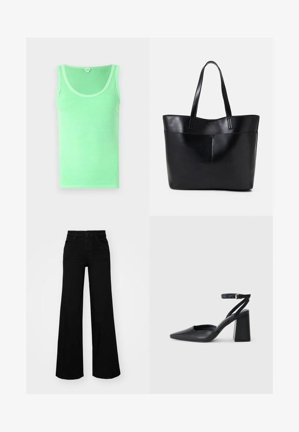 Top de tanque verde acanalado con escote redondeado y sin mangas, hecho de una tela suave con una textura lisa.; Pantalones de mezclilla de pierna ancha y color negro, con una cinturilla estructurada, pasadores para cinturón y bolsillos frontales. Textura suave con un diseño clásico.; Zapato de tacón puntiagudo de cuero negro con tira en el tobillo y tacón ancho. Textura plana, diseño elegante y estética minimalista.; Bolso tote de cuero negro con dos asas largas, textura suave y forma estructurada. Cuenta con un bolsillo frontal para almacenamiento adicional.
