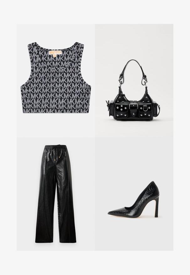 Zwart cropped tanktop met een herhaald wit MK-logo patroon, ronde halslijn en brede schouderbanden. Glad textuur.; Zwarte leren wijde broek met een elastische tailleband, koord, en gouden hardware accenten. Heeft een gladde textuur en een losse pasvorm.; Zwarte puntige hoge hak schoen met een krokodillenleren textuur, met een slank ontwerp, hoge stiletto-hak, en een gladde zwarte binnenkant.; Zwarte lederen handtas met een gebogen ontwerp, voorzien van zilveren studs, een gesp en twee zijvakken. Verstelbare schouderband voor verschillende draagmogelijkheden.
