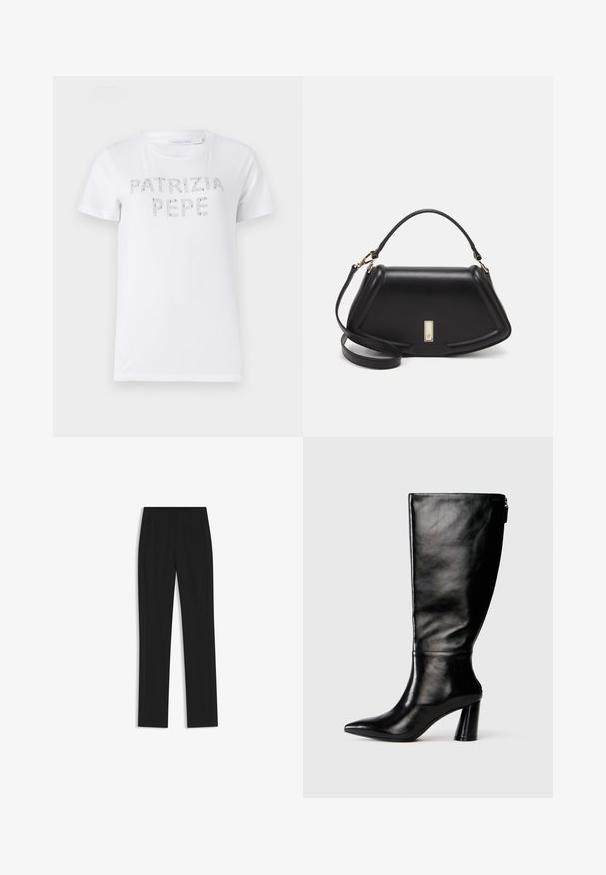 Camiseta de algodón blanca con el texto "PATRIZIA PEPE" en strass plateados en la parte frontal. Mangas cortas y cuello redondo.; Pantalones de traje negros con un diseño de pierna recta, que cuentan con bolsillos delanteros y una tela suave y texturizada. Detalles limpios y minimalistas.; Bota de cuero negro hasta la rodilla con punta afilada, textura suave y un tacón grueso. Presenta un detalle de cremallera en la parte de atrás.; Bolso de mano de cuero negro con un diseño estructurado, que presenta una forma recortada, asa superior y acentos en dorado. Correa de hombro ajustable incluida.