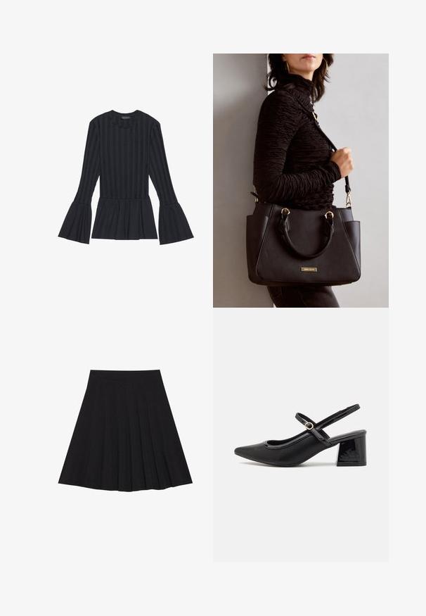 Zwart langärmige top met verticale strepen en uitlopende mouwen. Beschikt over een peplum-silhouet en een zachte, textuurstof.; Zwarte plisseerok van een gestructureerde stof met een aansluitende tailleband. Valt tot op de knie en heeft een gladde, strakke silhouette.; Zwarte gepolijste leren slingback hakken met een spitse neus, een ronde uitsnede en een blokhak. Voorzien van een gouden gespaccent.; Zwarte handtas met gestructureerd oppervlak, dubbele bovenhandvatten en verstelbare schouderriem. Voorzien van goudkleurige hardware en zijzakken.