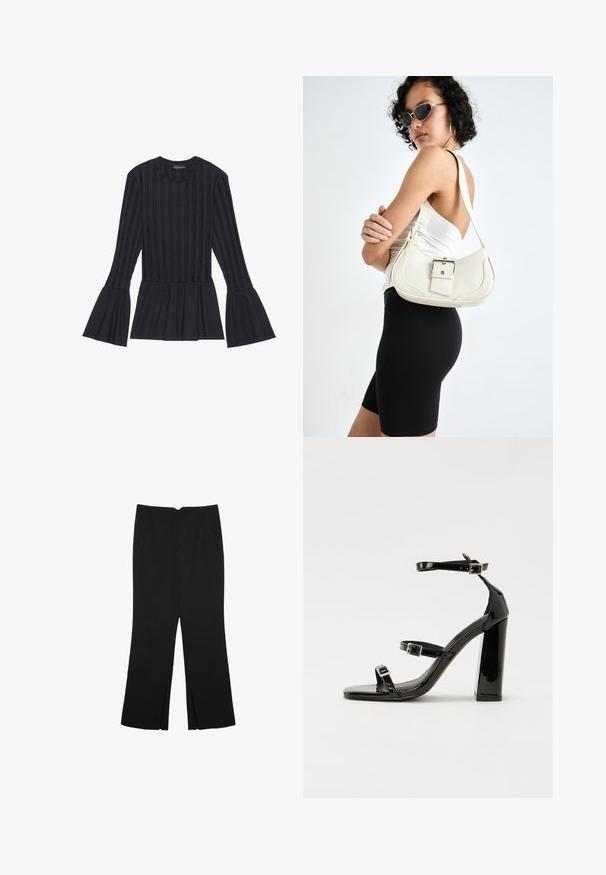 Crna majica dugih rukava s vertikalnim prugama i zvonastim rukavima. Ima peplum siluetu i mekanu teksturiranu tkaninu.; Crne hlače ravnog kroja, s prednjim džepovima i bočnim prorezima na rubu. Izrađene od mekog i glatkog materijala. Pogodne za razne prigode.; Crne lakirane sandale na pete sa kvadratnim nosom, trakama oko gležnja i srebrnim kopčama. Imaju čvrst blok petu za stabilnost.; Bijela kožna torbica s zakrivljenim oblikom, podesivim remenom i malim detaljem kopče. Model nosi usklađeni crni outfit.