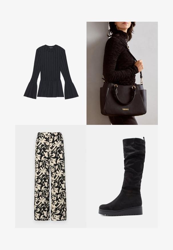 Crna majica dugih rukava s vertikalnim prugama i zvonastim rukavima. Ima peplum siluetu i mekanu teksturiranu tkaninu.; Crne široke hlače s kremastim cvjetnim uzorkom. Izrađene od lagane tkanine, sa glatkom teksturom i visokim pojasom.; Crne suede čizme do koljena s naboranim dizajnom, zaobljenim vrhom i debelim platformama s reljefnim detaljima.; Crna torba s teksturiranom površinom, dvostrukim gornjim ručkama i podesivom remenom za rame. Ima zlatne metalne detalje i bočne džepove.