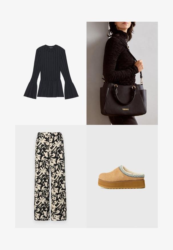 Zwart langärmige top met verticale strepen en uitlopende mouwen. Beschikt over een peplum-silhouet en een zachte, textuurstof.; Zwarte wijde broek met een crèmekleurig bloemenpatroon. Gemaakt van lichtgewicht stof, met een zachte textuur en een hoge tailleband.; Tan instapklomp met een textuur van suède, een zacht gevoerd interieur en een kleurrijke geweven accent rond de kraag. Dikke plateauzool.; Zwarte handtas met gestructureerd oppervlak, dubbele bovenhandvatten en verstelbare schouderriem. Voorzien van goudkleurige hardware en zijzakken.